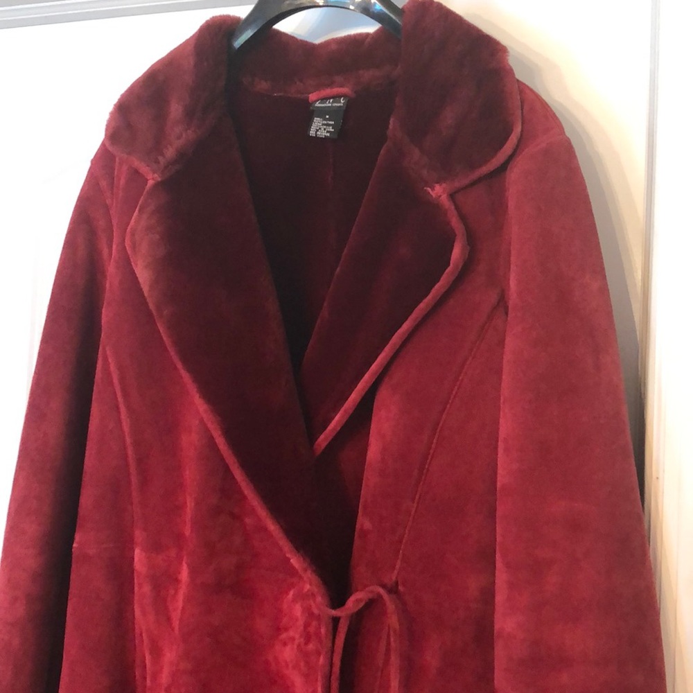 INC deep red leather overcoat